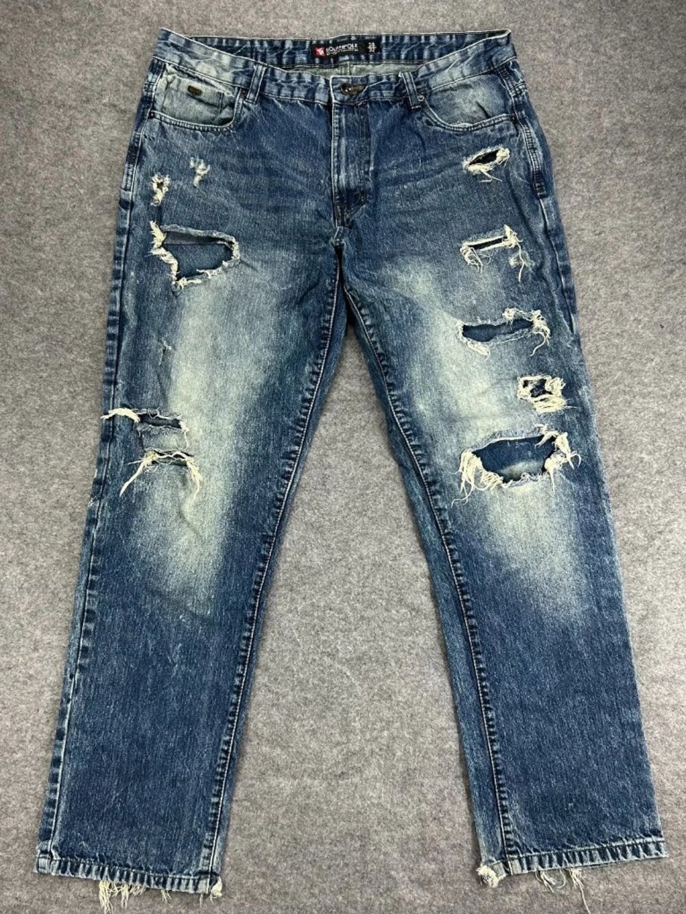 Vintage South Pole Straight Jeans Mens 38x32 Blue Denim Distressed Mid Rise